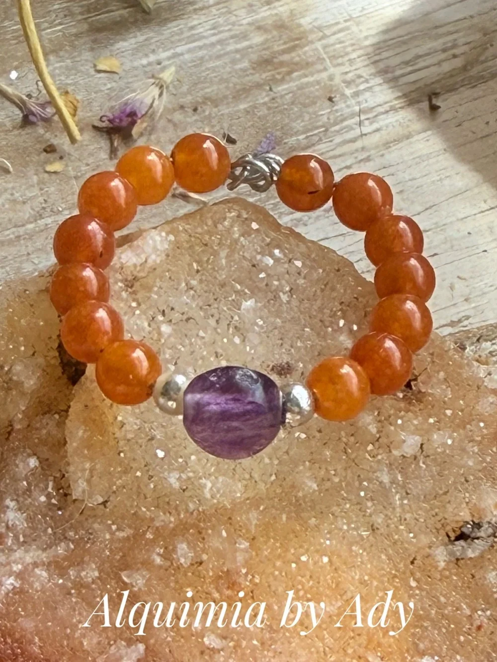 Orange Carnelian Bead Ring with Purple Amethyst Center